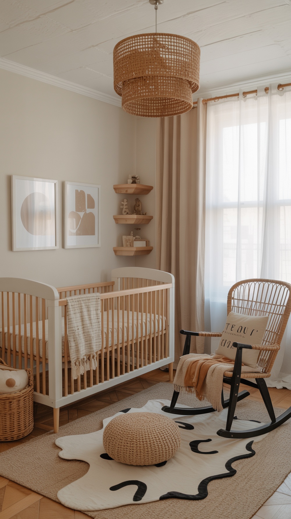 A cozy boho gender-neutral nursery featuring a crib, rocking chair, and layered textiles.