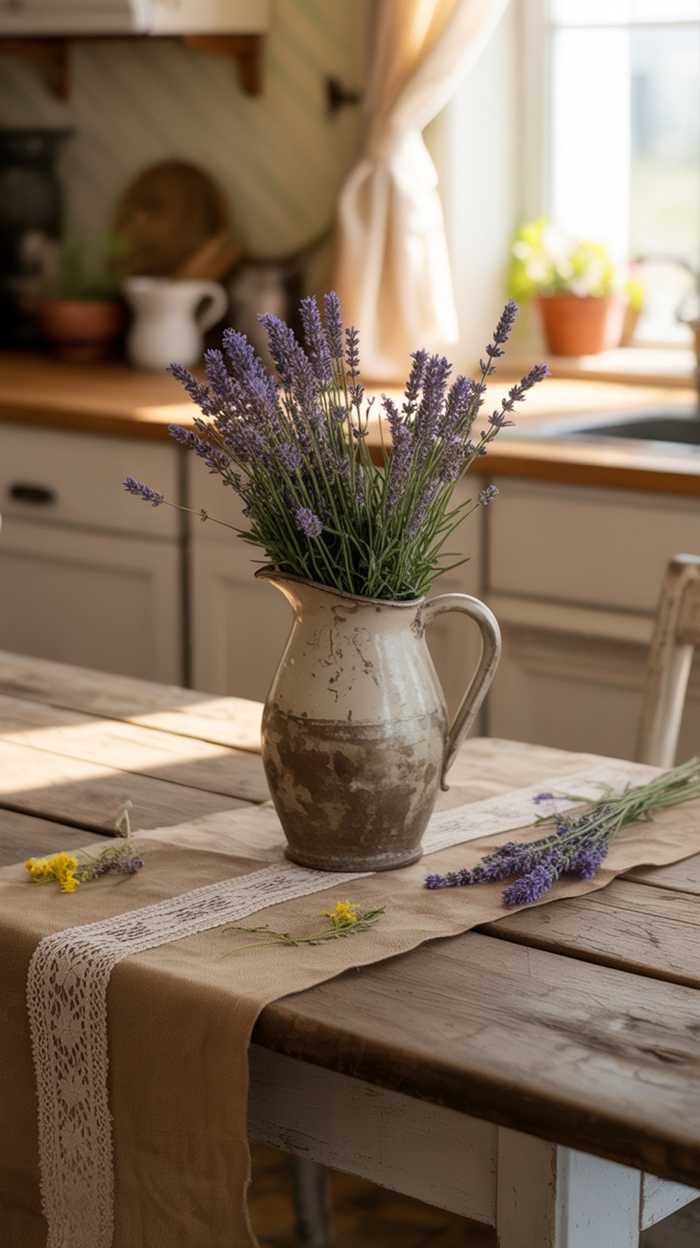 A rustic Thanksgiving table setting with layered textiles, featuring a pitcher of lavender and wildflowers on a wooden table.