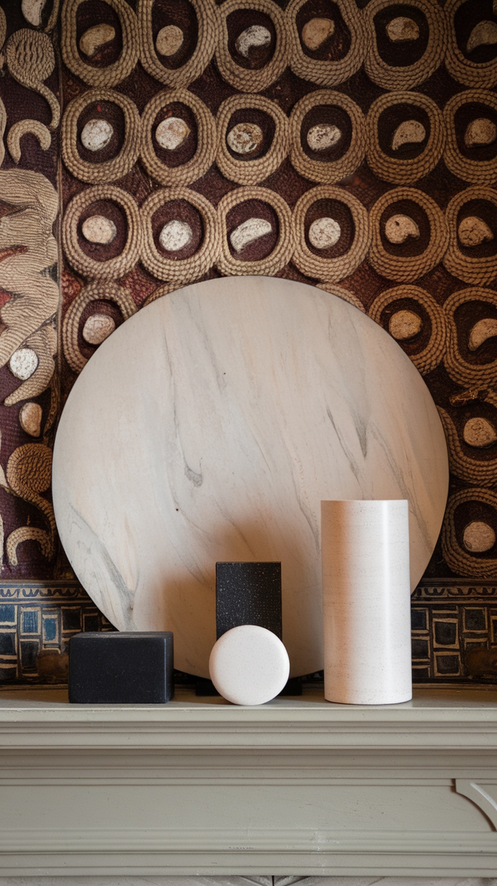 A stylish mantel decor arrangement featuring various shapes and textures, including a round marble piece and several geometric objects.