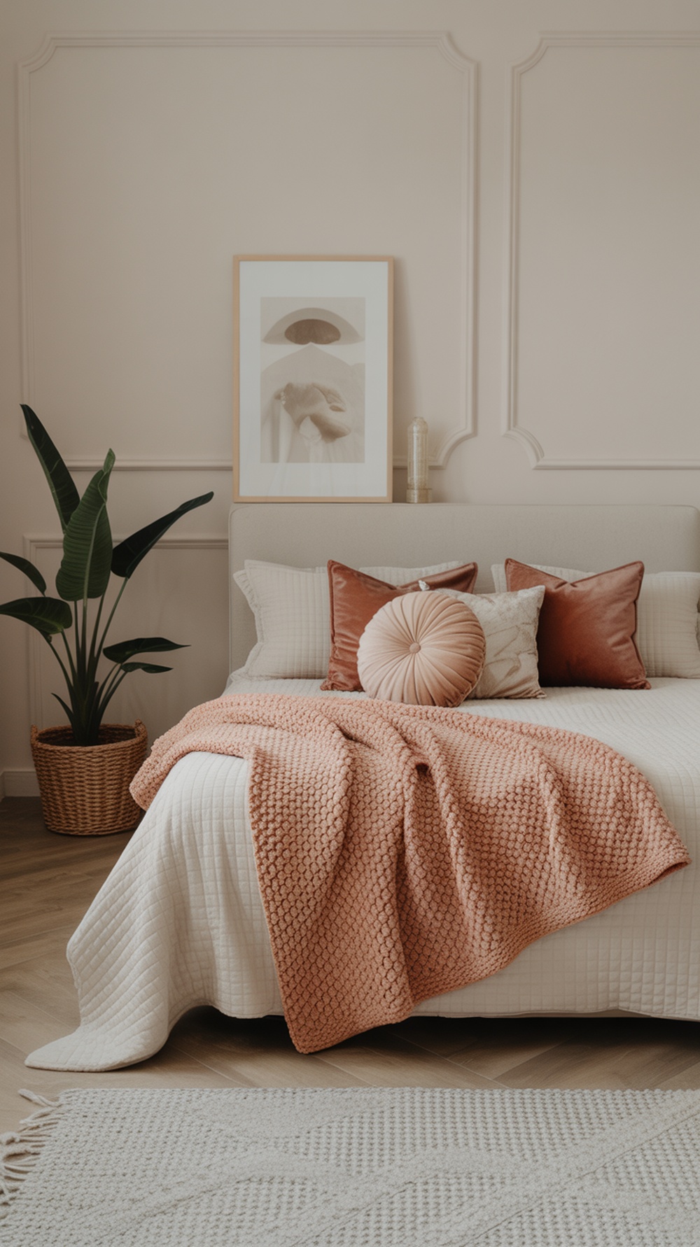 A modern vintage bedroom featuring layered textures with a white quilted bedspread, peach throw blanket, and various decorative pillows.