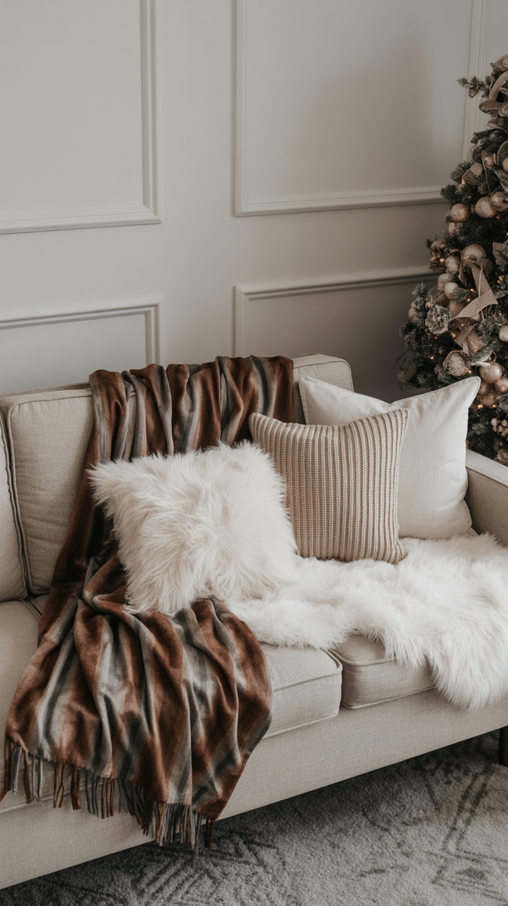 A cozy sofa adorned with a striped throw blanket, fluffy pillows, and a decorated Christmas tree in the background.