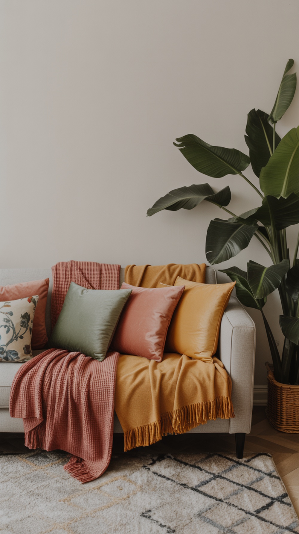 A cozy living room sofa with colorful pillows and throws.