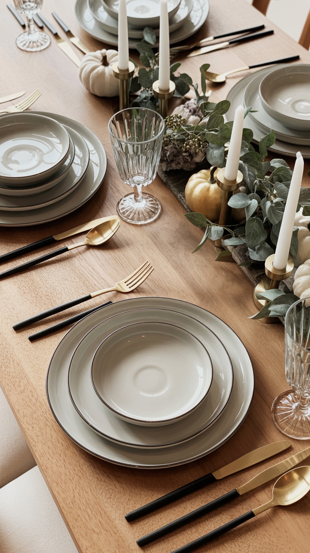 A neutral Thanksgiving table setting featuring layered plates, elegant flatware, and natural decor.