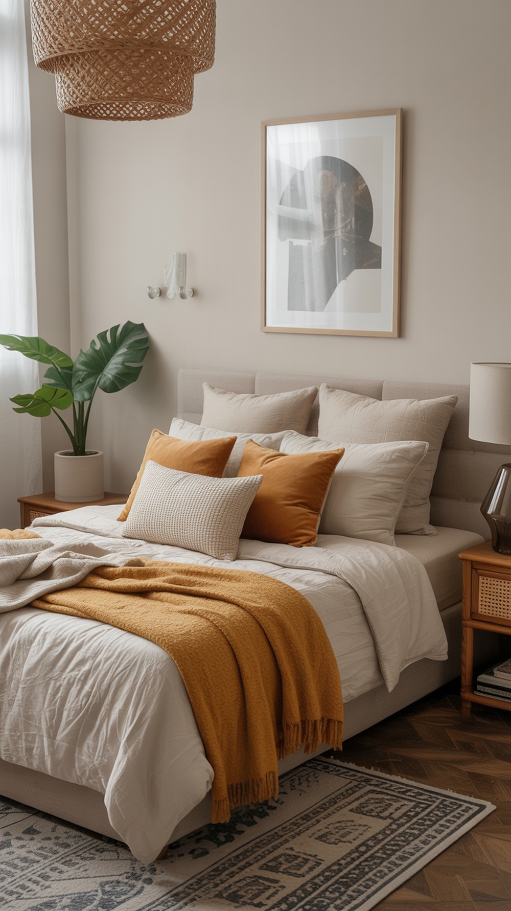 A cozy small bedroom featuring layered textiles with pillows and a warm blanket.