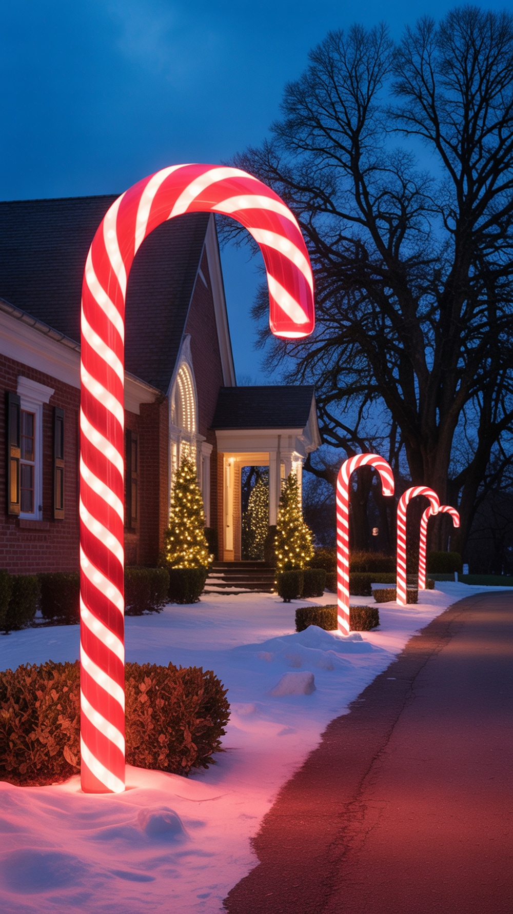 LED light-up candy canes lining a snowy pathway to a decorated house