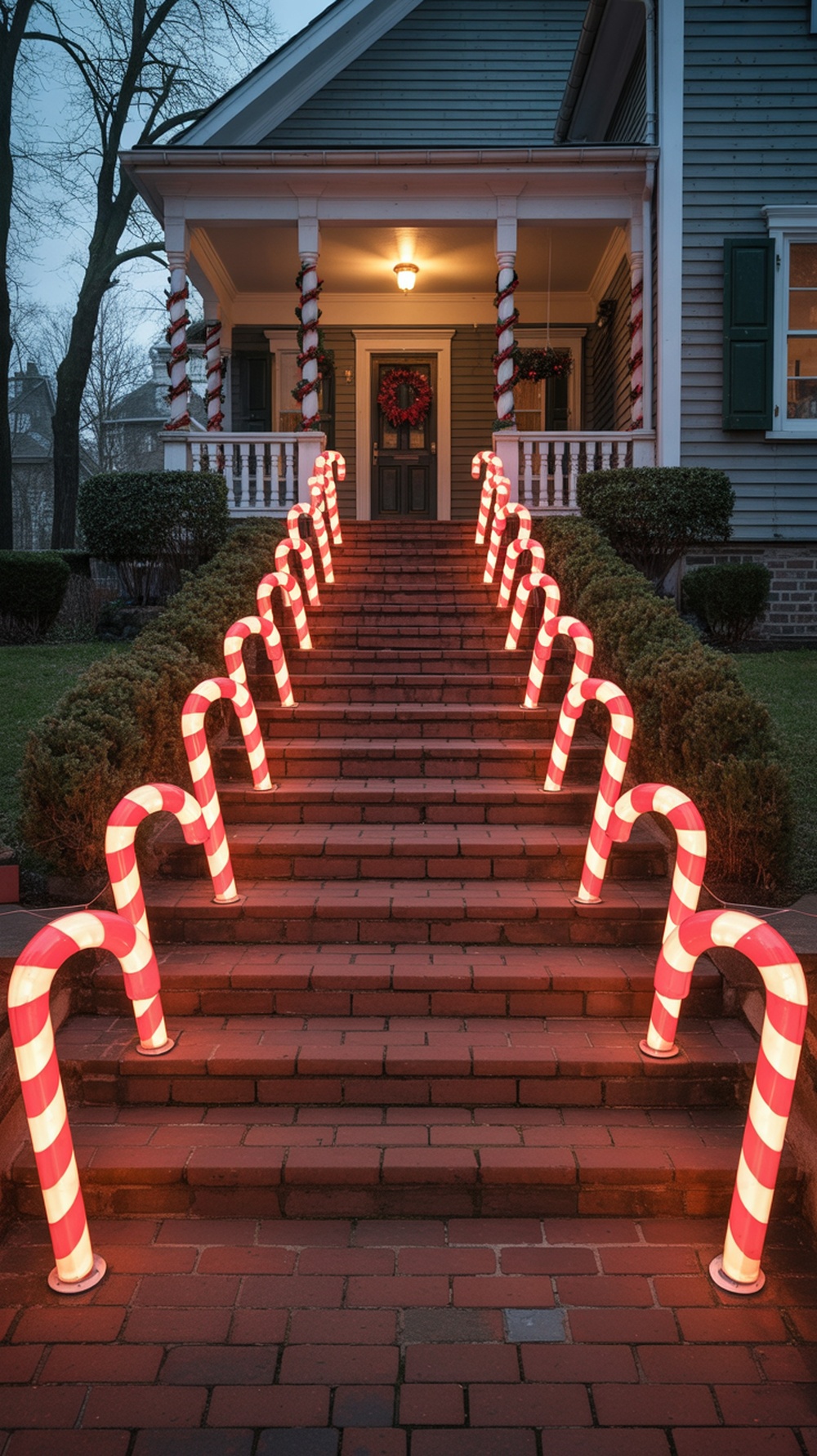 Light-up candy canes lining the steps of a decorated porch for Christmas