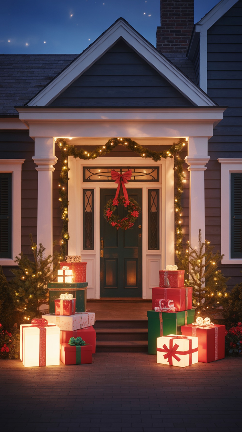 A festive porch with light-up gift boxes and holiday decorations.