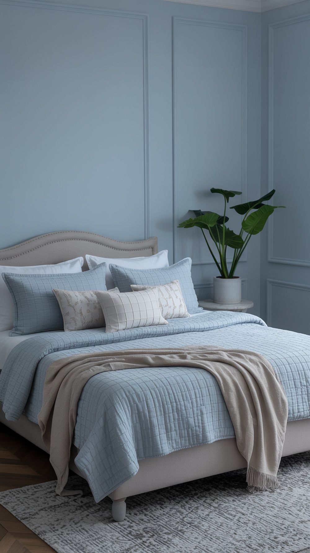A light blue bedroom featuring a quilted bedspread, various textured pillows, and a green plant.