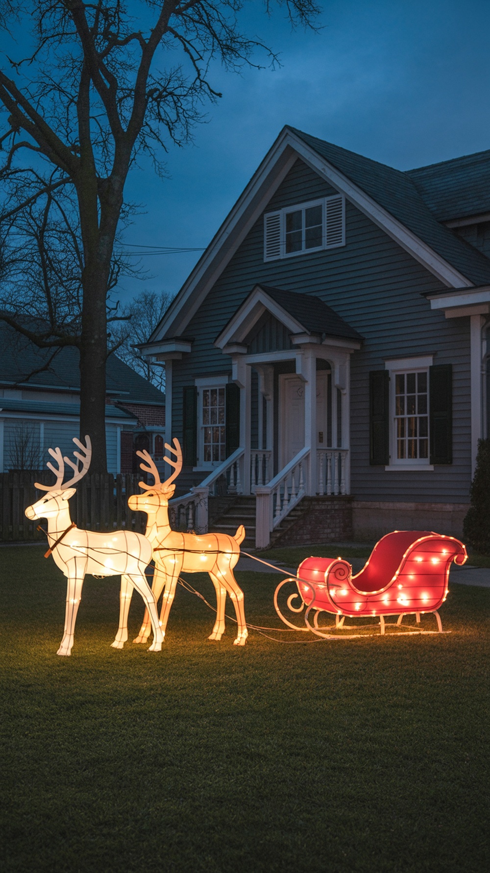 Lighted reindeer and sleigh decorations in front of a house