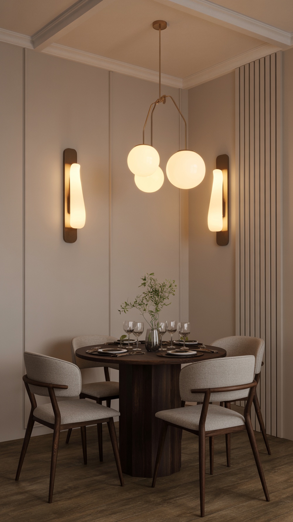 A small dining room with a modern chandelier and wall sconces, featuring a round table set for dinner.
