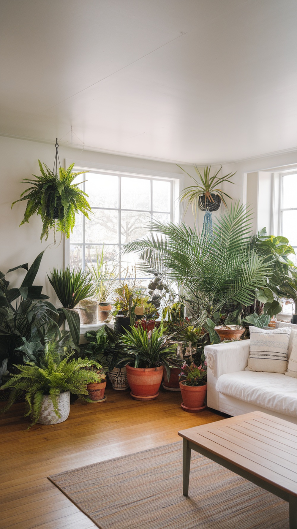 A bright living room filled with various indoor plants, featuring a white sofa and wooden coffee table.