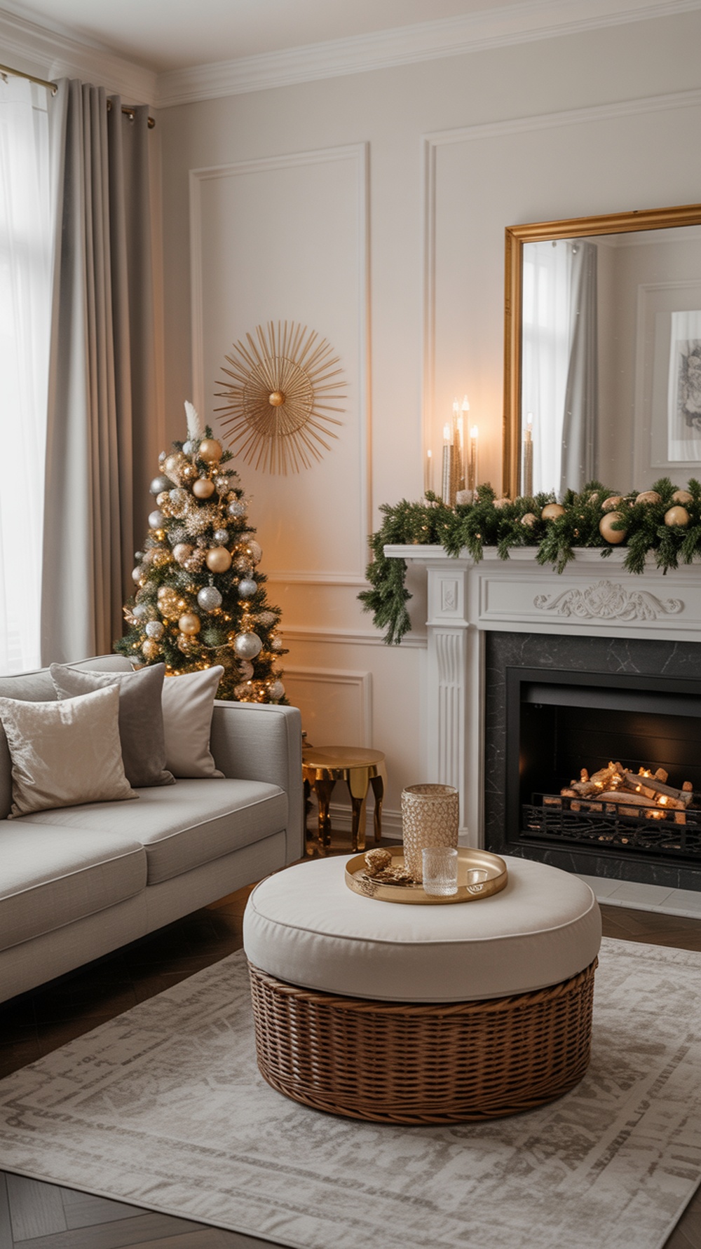 Luxurious living room decorated for Christmas with a tree, fireplace, and elegant accents.