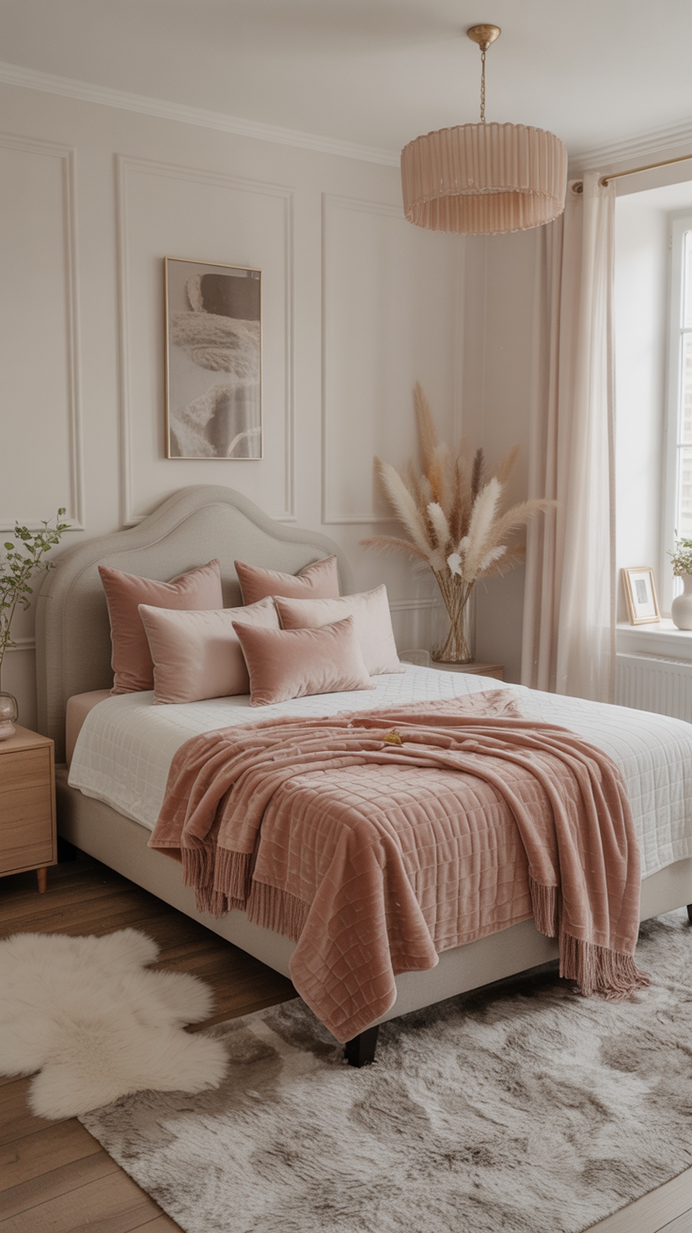 A feminine bedroom featuring soft pink and cream textiles, plush pillows, and a cozy atmosphere.