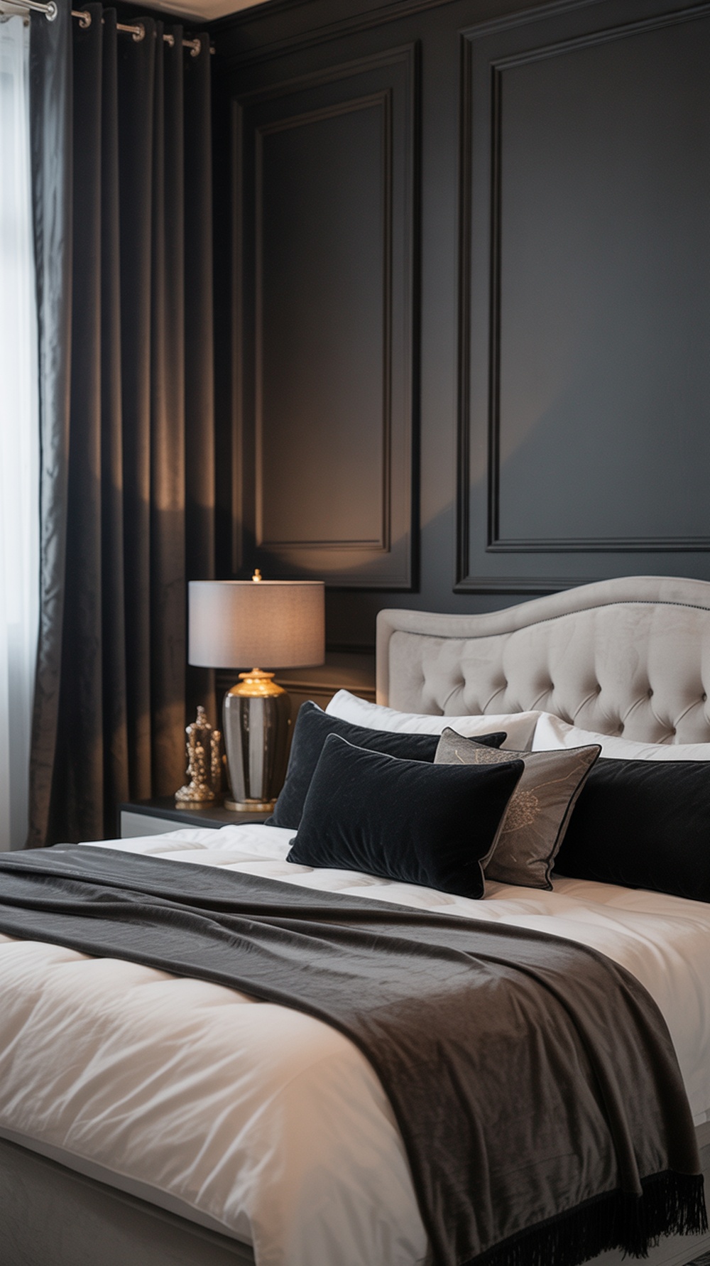 Luxurious black and white bedroom featuring velvet and silk accents