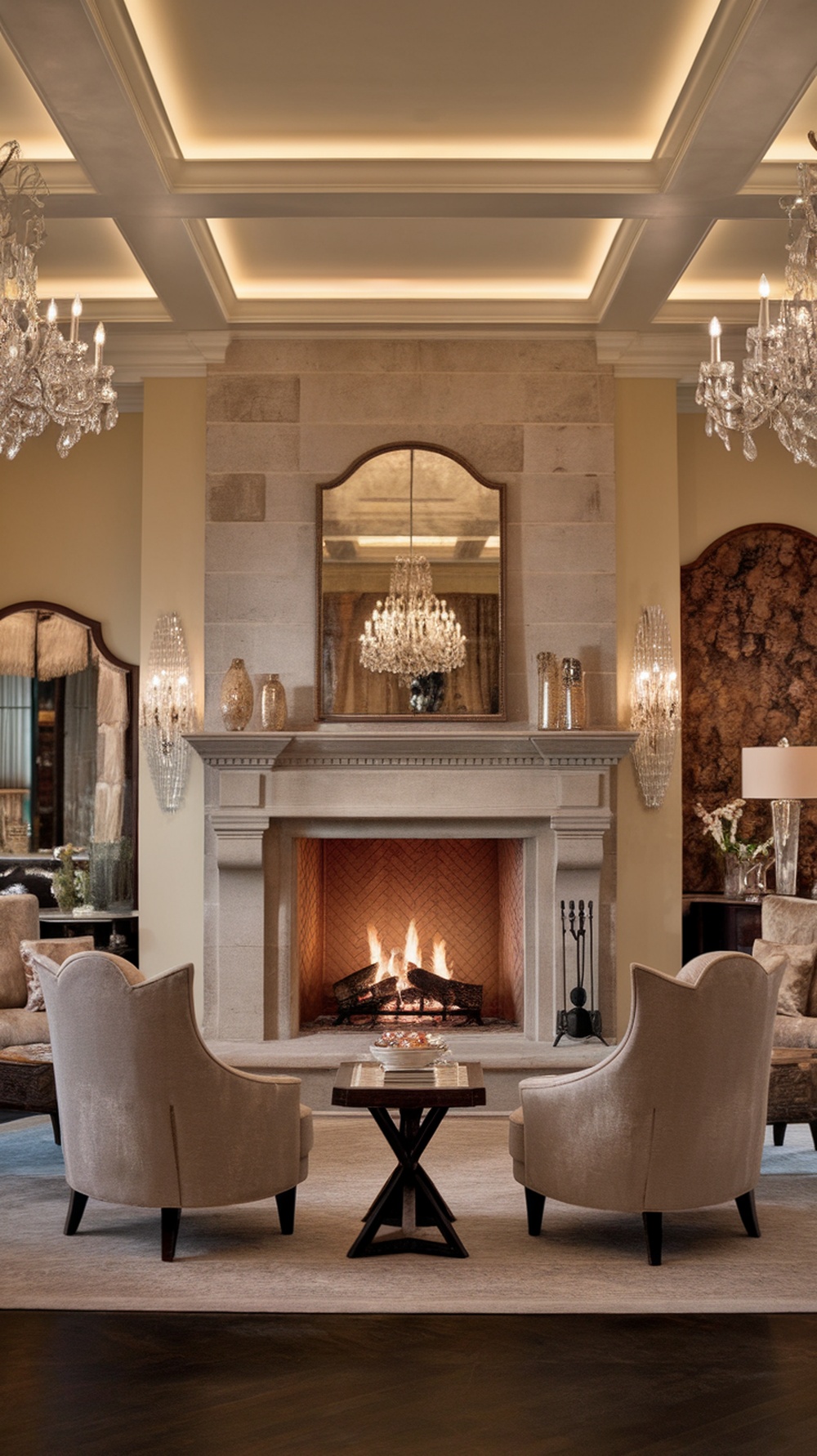 A luxurious living room featuring a fireplace, elegant armchairs, and chandeliers.