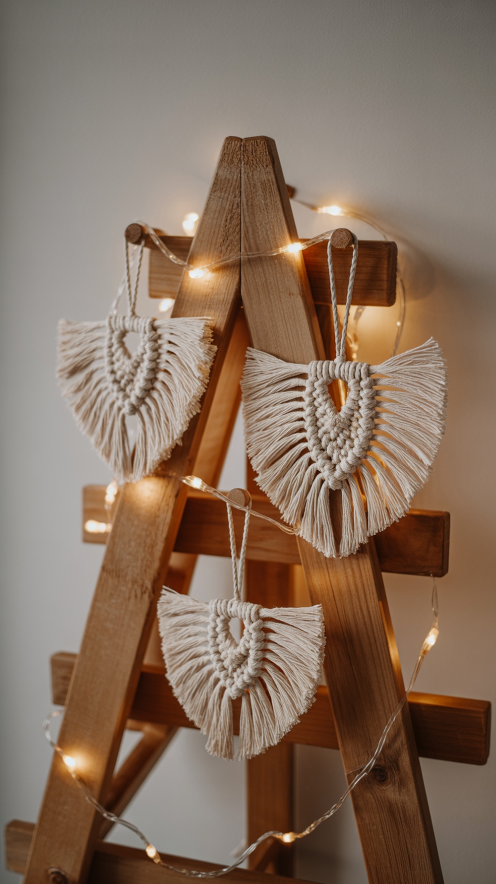 Macrame ornaments hanging on a wooden ladder with fairy lights
