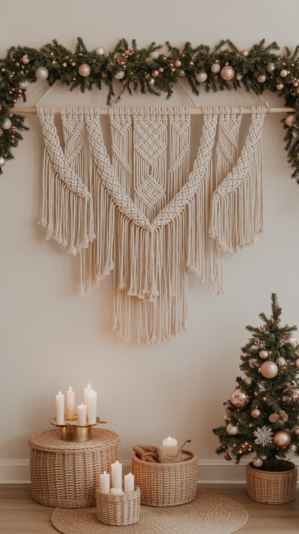 A macrame wall hanging with festive decorations, including a small Christmas tree and candles.