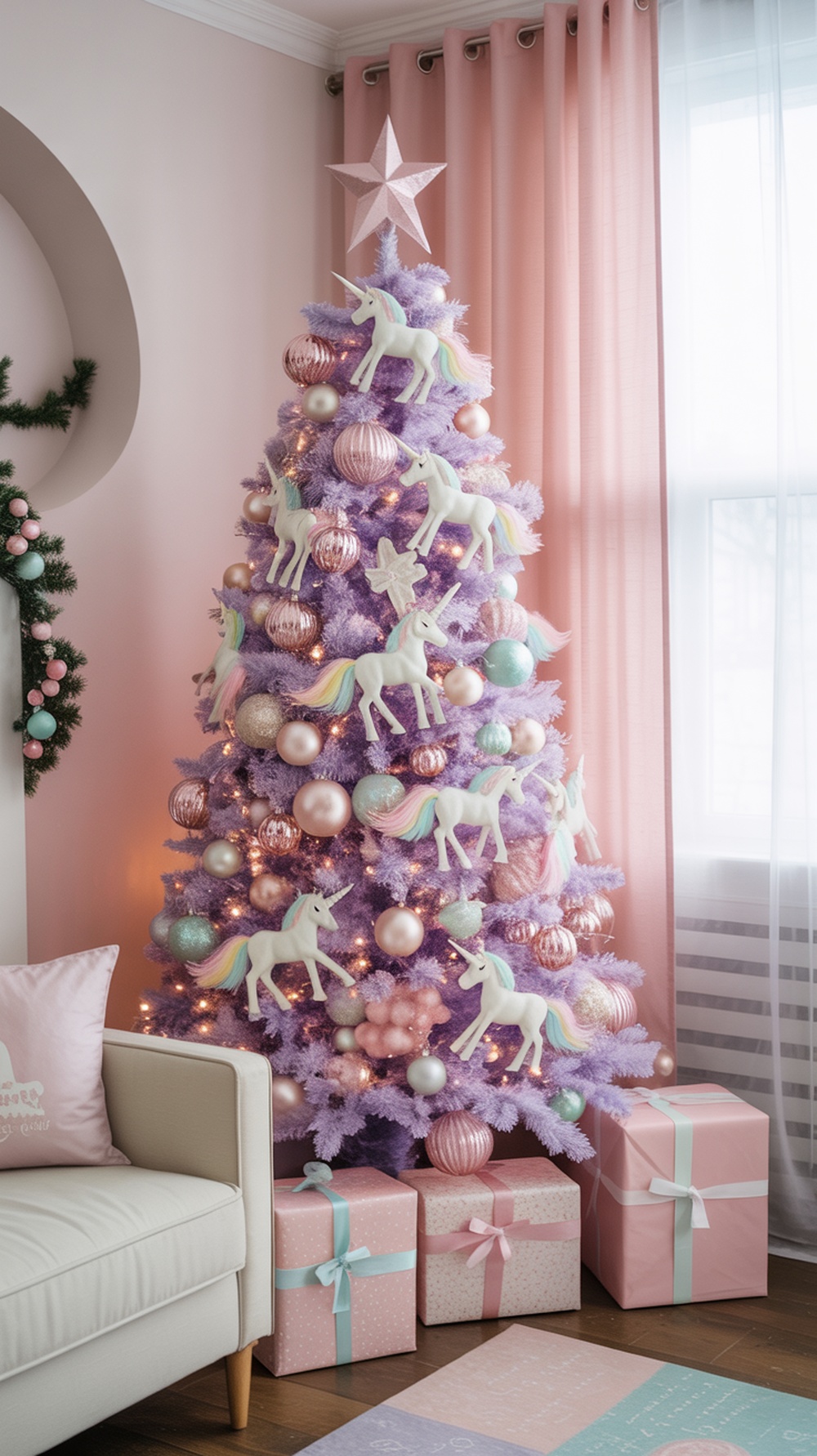 A whimsical unicorn-themed Christmas tree with lavender branches, unicorn ornaments, and pastel decorations.