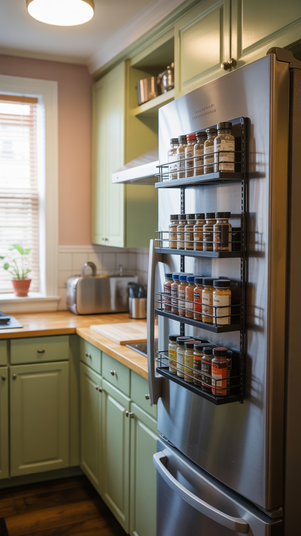 A small kitchen with a magnetic spice rack attached to the refrigerator, featuring neatly organized spice jars.