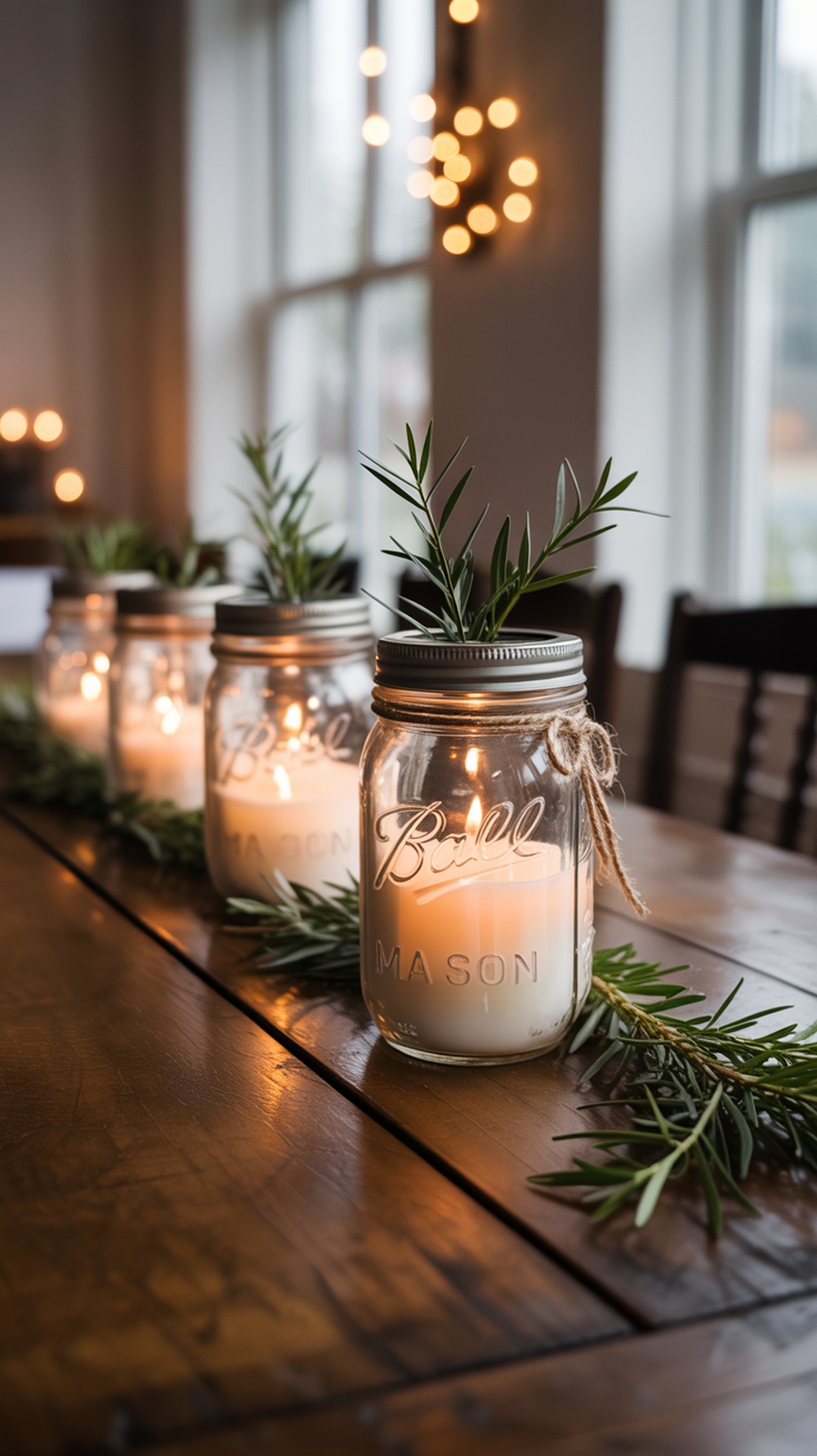 Mason jars with candles and greenery on a wooden table