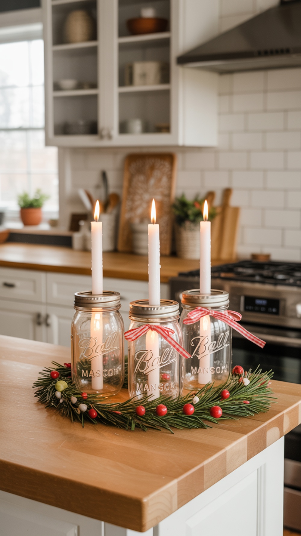 Mason jar candle holders with white candles and festive wreath on a kitchen island