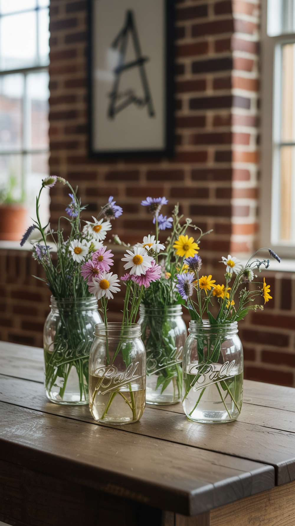 Mason jars filled with colorful wildflowers on a rustic wooden table
