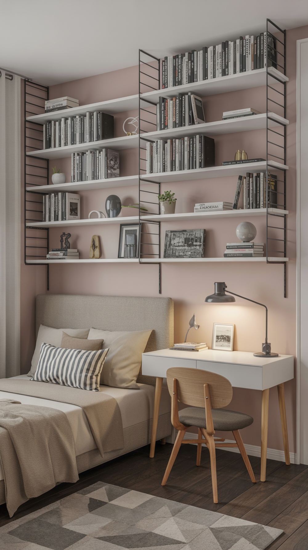 A small bedroom featuring stylish shelving above the bed, showcasing books and decorative items.