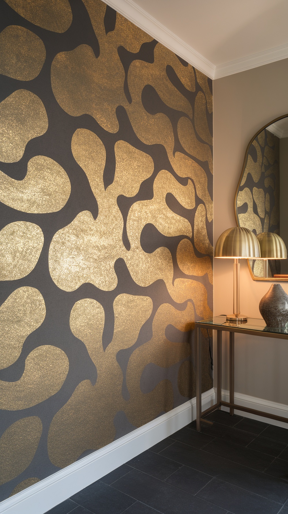 Entryway with metallic wallpaper featuring gold and white patterns, a chandelier, and a stylish console table.