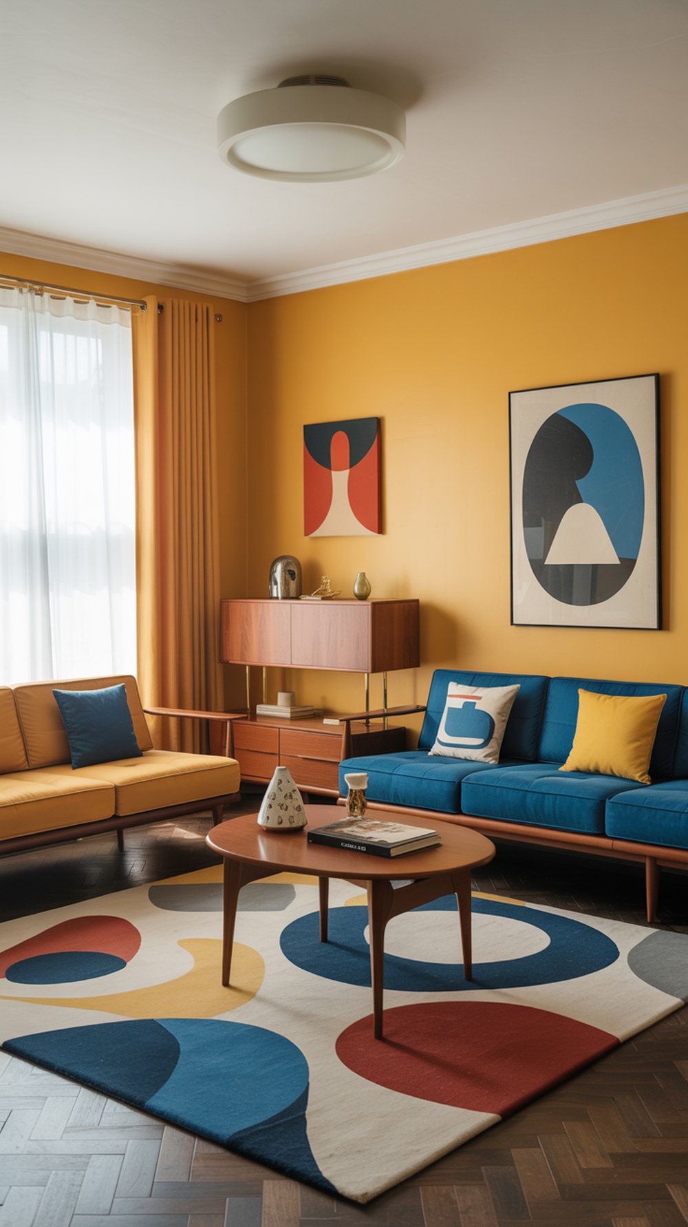 Mid-century modern living room with blue and yellow decor, featuring a yellow wall, blue sofa, and colorful rug.