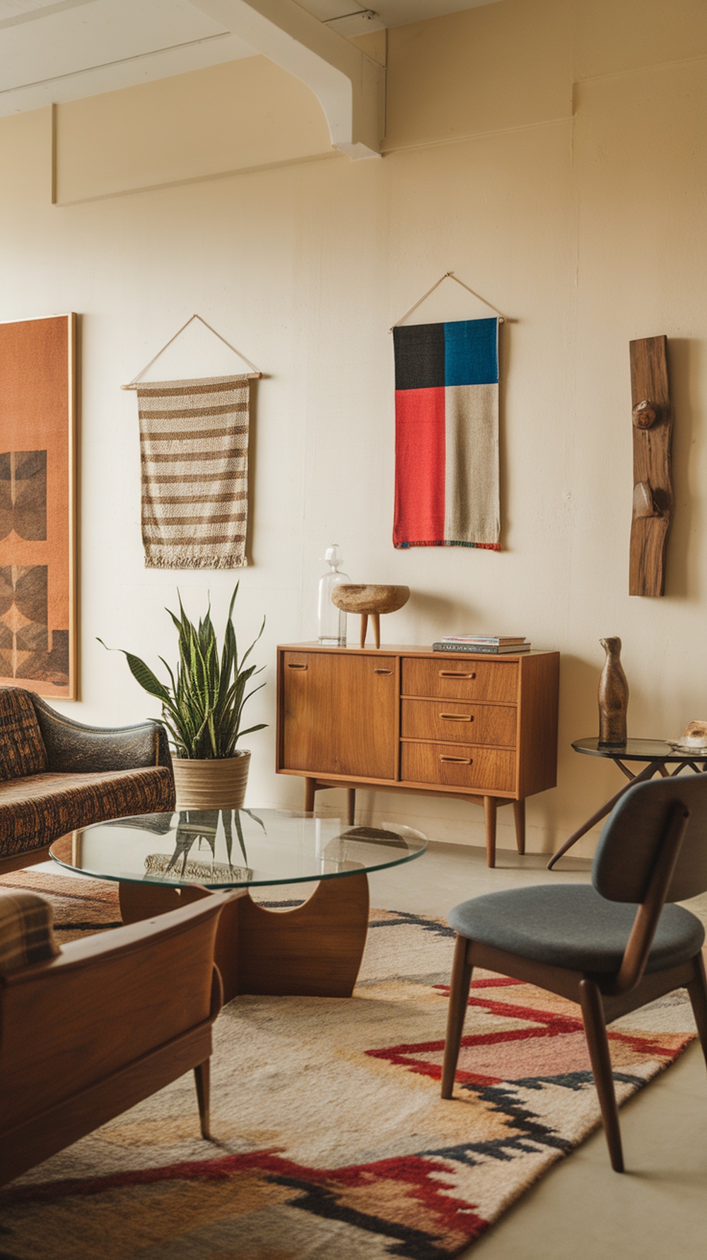 A mid-century modern living room featuring a patterned rug, wooden furniture, and wall hangings.