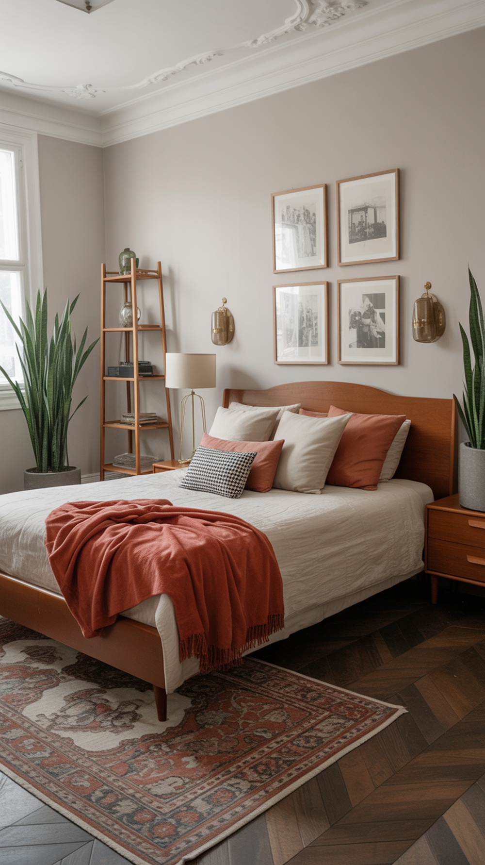 A modern vintage bedroom featuring mid-century elements with a wooden bed, soft color palette, and plants.