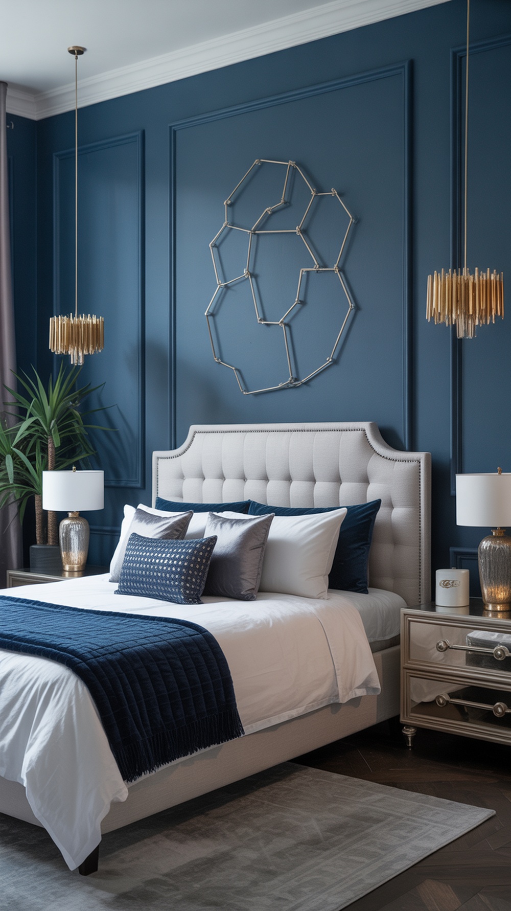 A stylish bedroom featuring midnight blue walls, metallic light fixtures, and elegant bedding.
