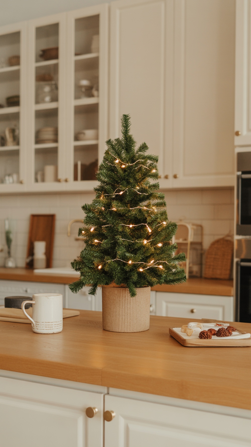 A mini Christmas tree with twinkling lights on a kitchen island, surrounded by a mug and a platter of treats.