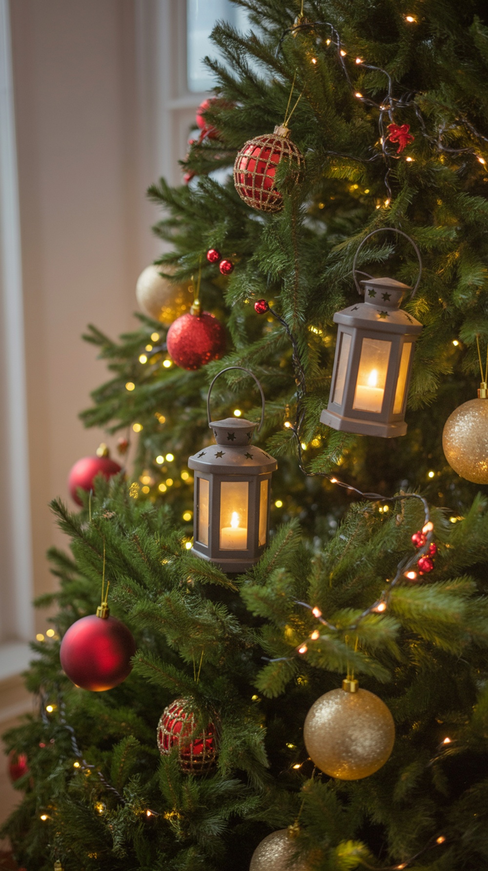 Colorful mini lanterns hanging from a Christmas tree, featuring pastel shades and floral designs.