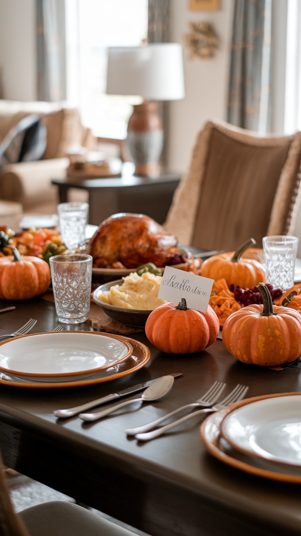 A beautifully set Thanksgiving table featuring mini pumpkins as place settings.