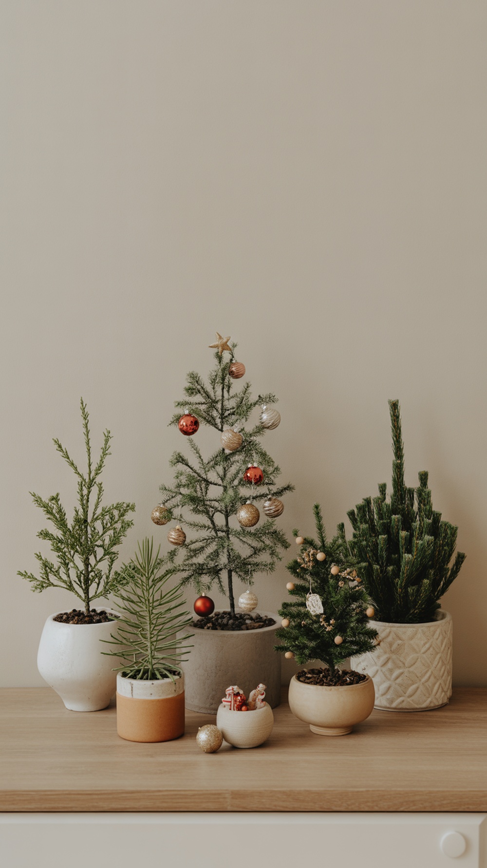 A collection of miniature Christmas trees in decorative planters on a wooden surface.