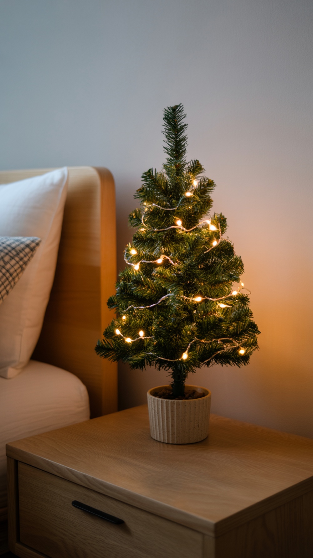 A small Christmas tree with lights on a bedside table in a cozy bedroom setting.