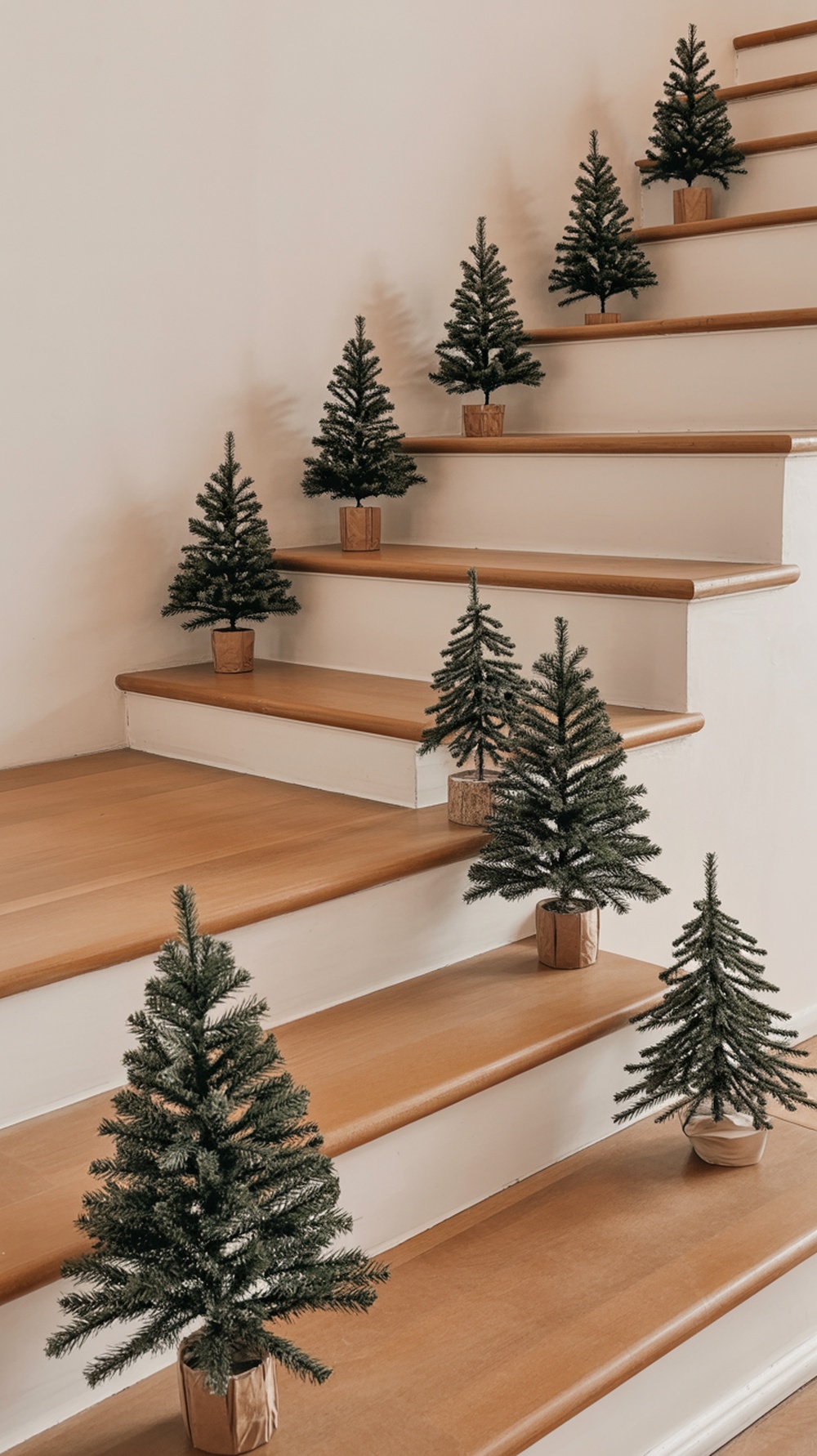 Staircase decorated with miniature Christmas trees on each step.
