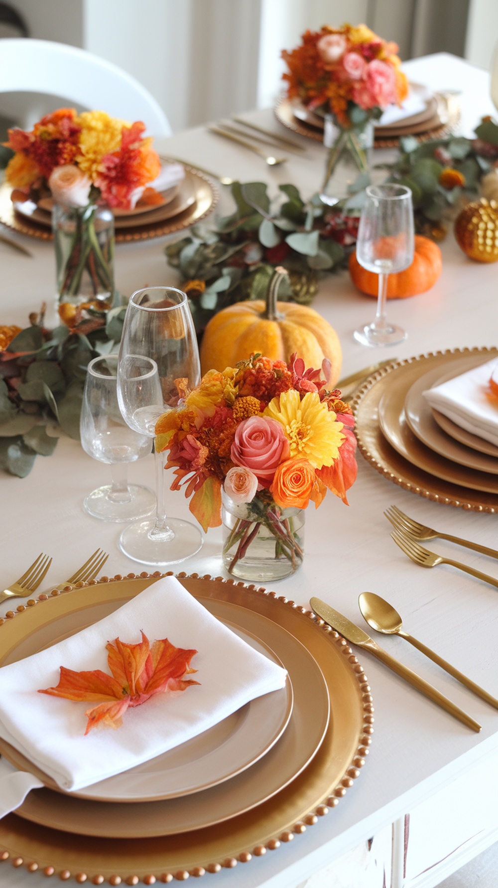 A beautifully set Thanksgiving table featuring miniature floral arrangements, gold plates, and pumpkins.