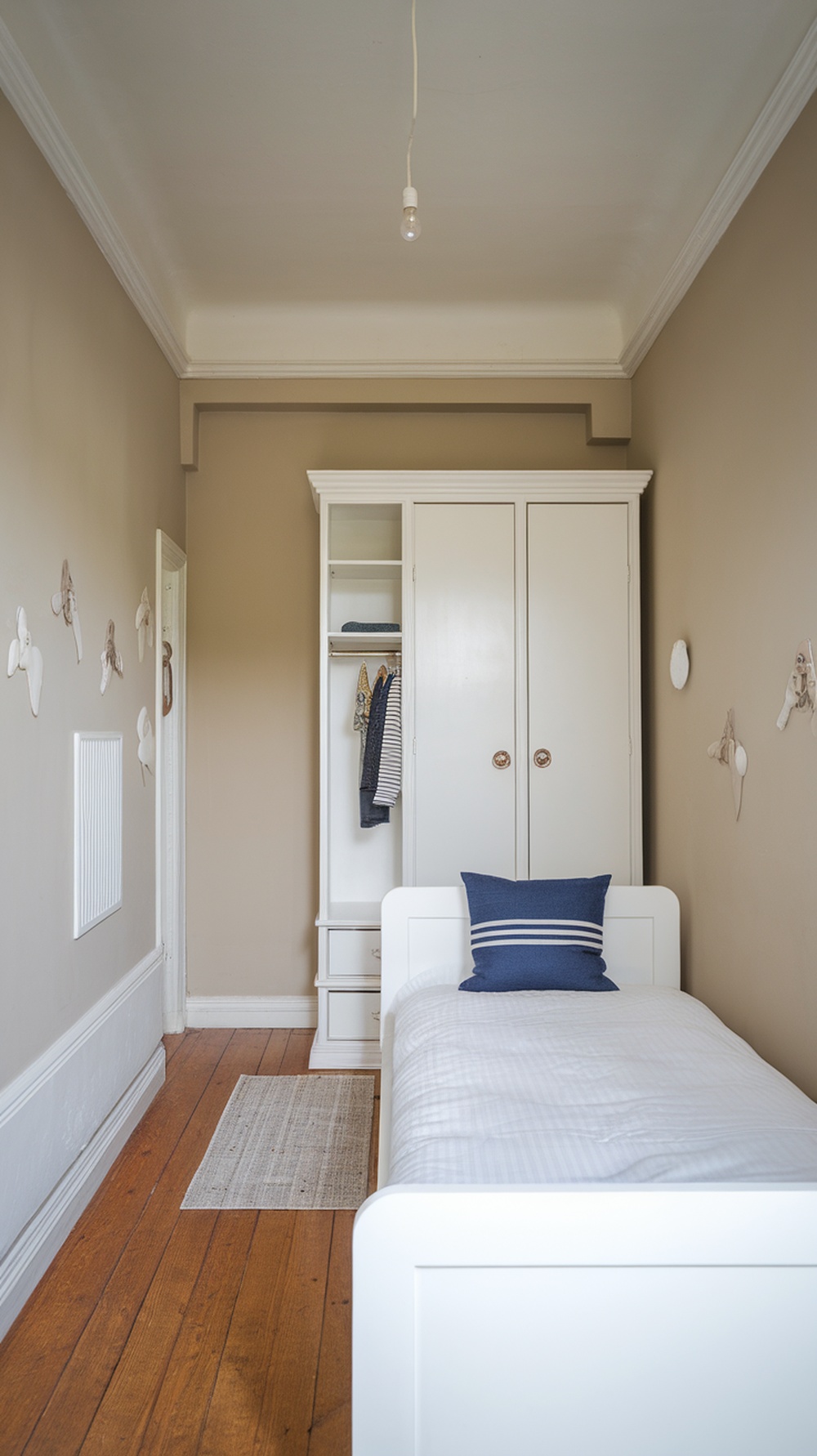 A minimalist kids bedroom featuring a single bed, a wardrobe, and light-colored walls.