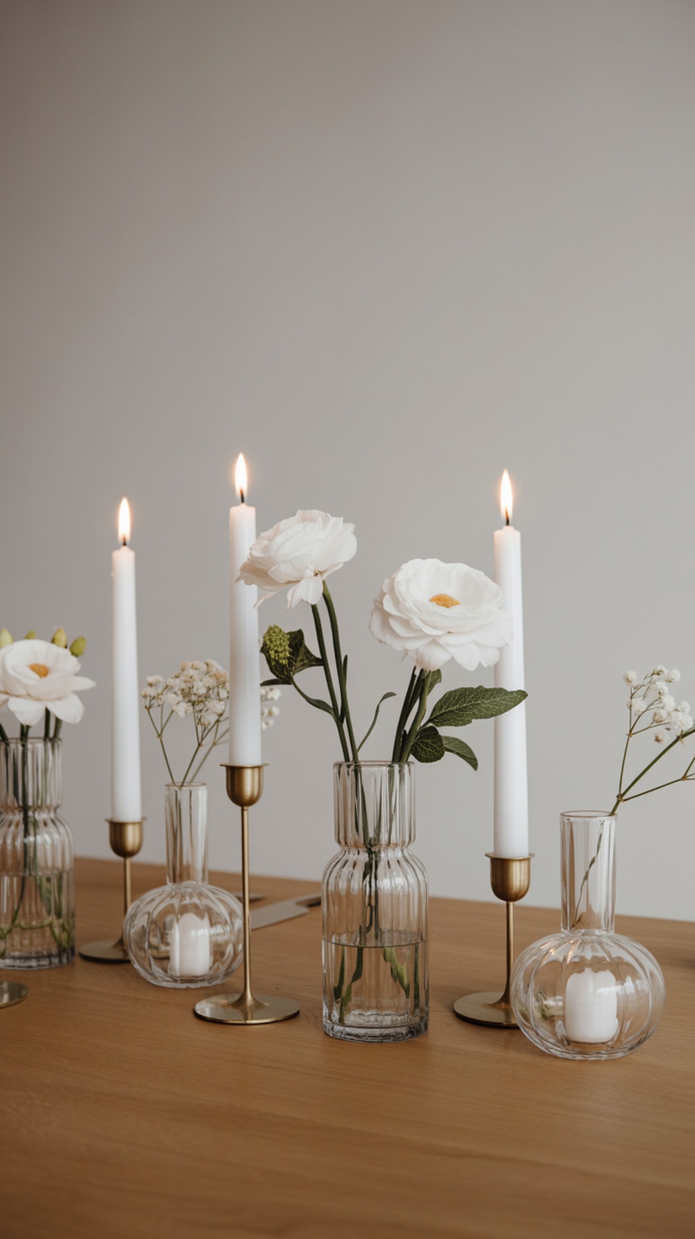 A minimalist Thanksgiving table centerpiece featuring white flowers and candles in glass vases.