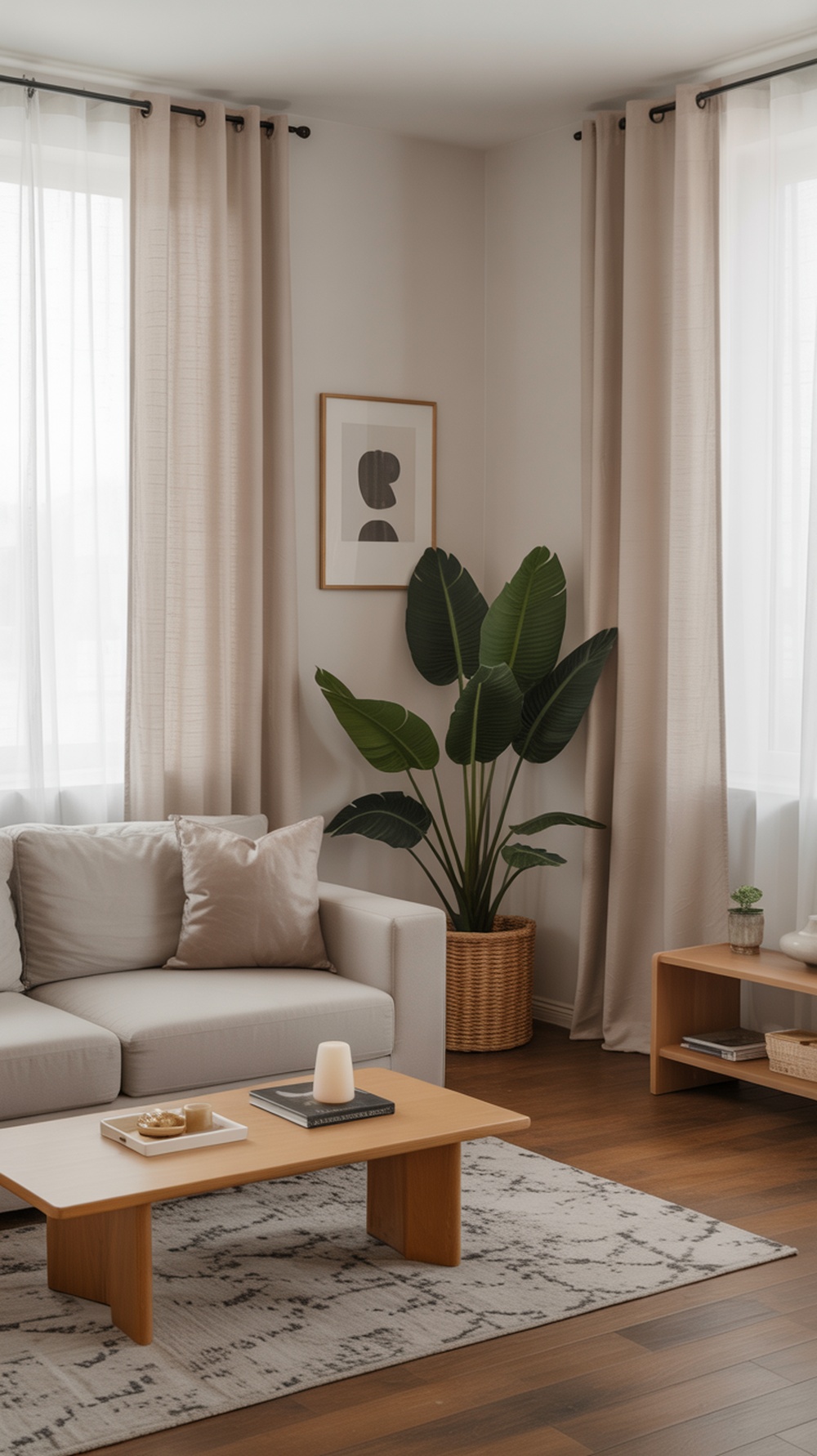 A minimalist living room with light curtains, a sofa, and a plant.