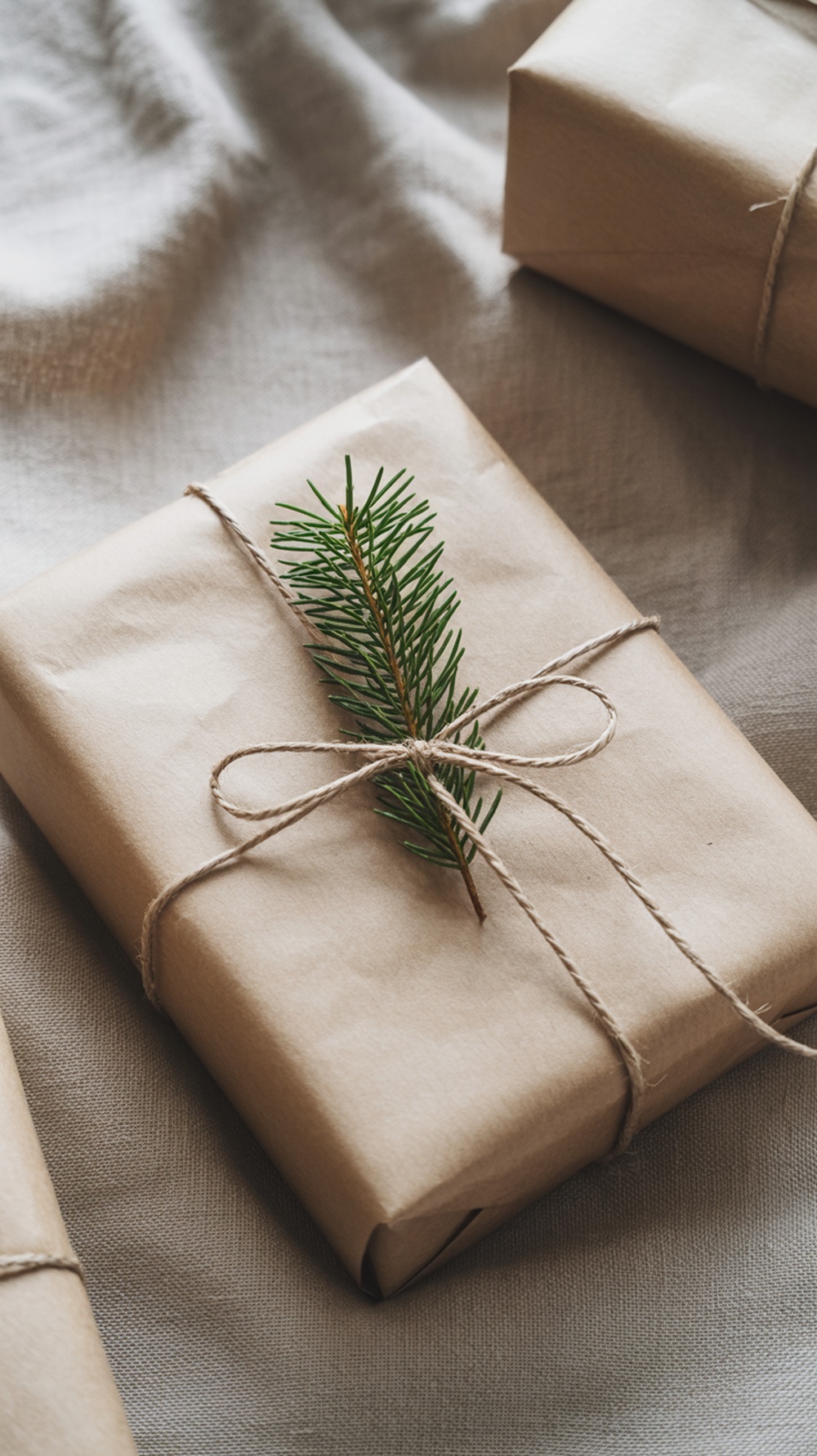 A beautifully wrapped gift in brown paper with a sprig of evergreen and twine.