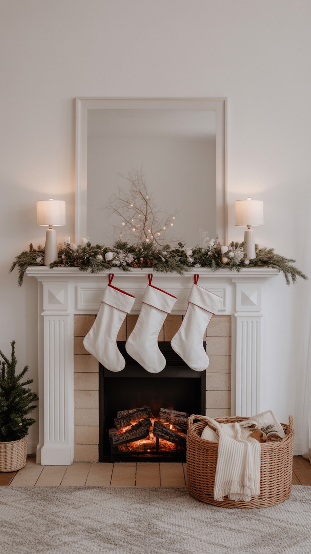 A cozy fireplace with three white stockings hanging from a mantel, decorated with greenery and soft lighting.