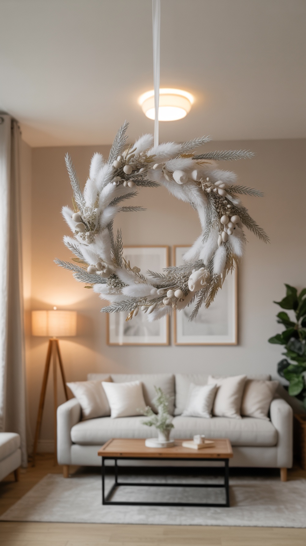 A minimalist white wreath hanging in a cozy living room setting.