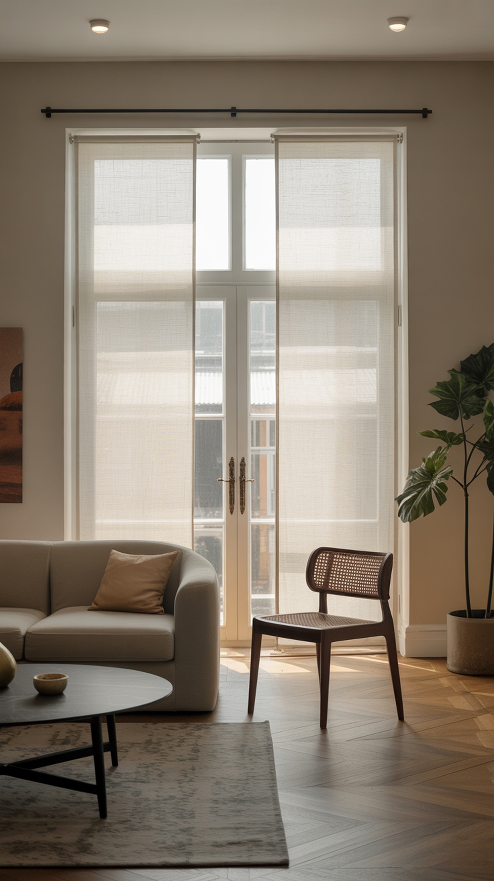 A modern living room featuring sheer curtains over a large window, a cozy sofa, and a wooden chair.