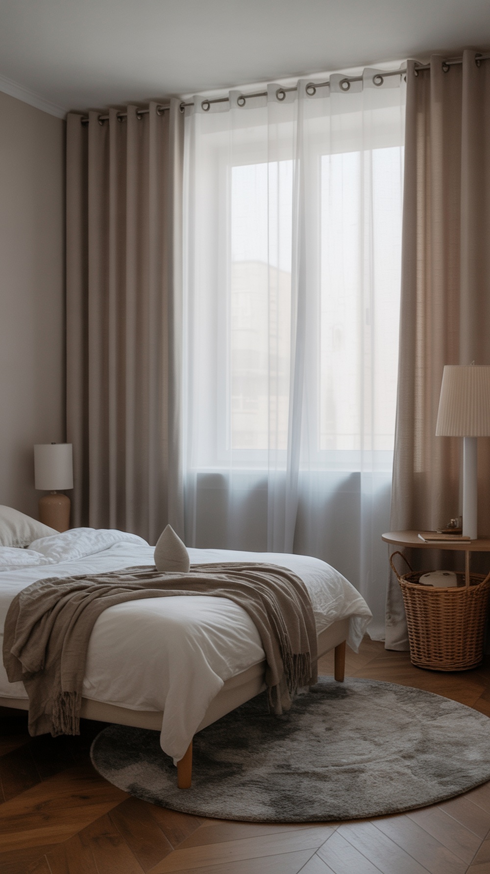 A minimalist bedroom with soft curtains, a cozy bed, and natural light.