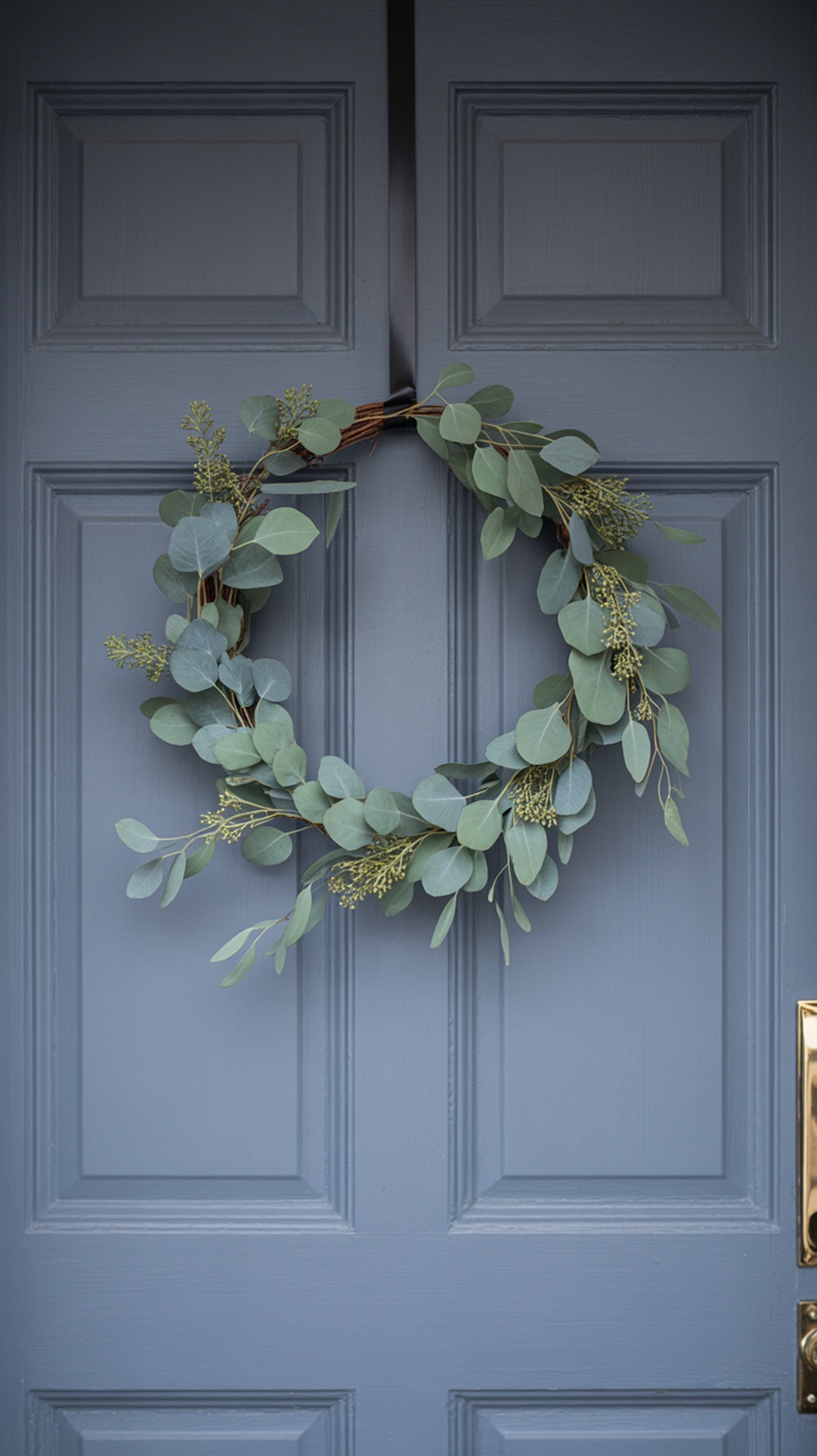 A minimalist eucalyptus wreath on a blue door.