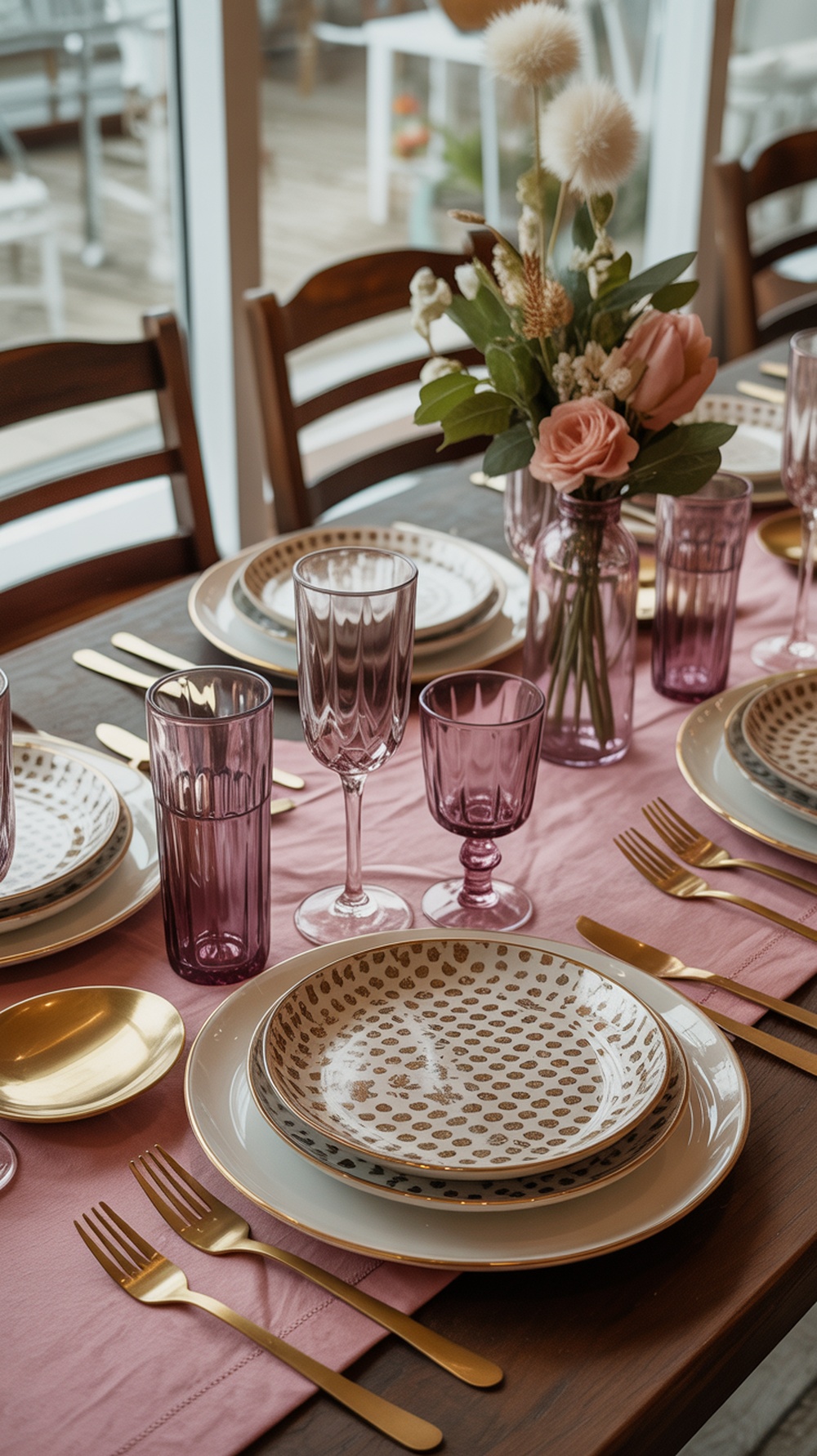 A beautifully set Thanksgiving table featuring mixed patterns and prints with pink accents.