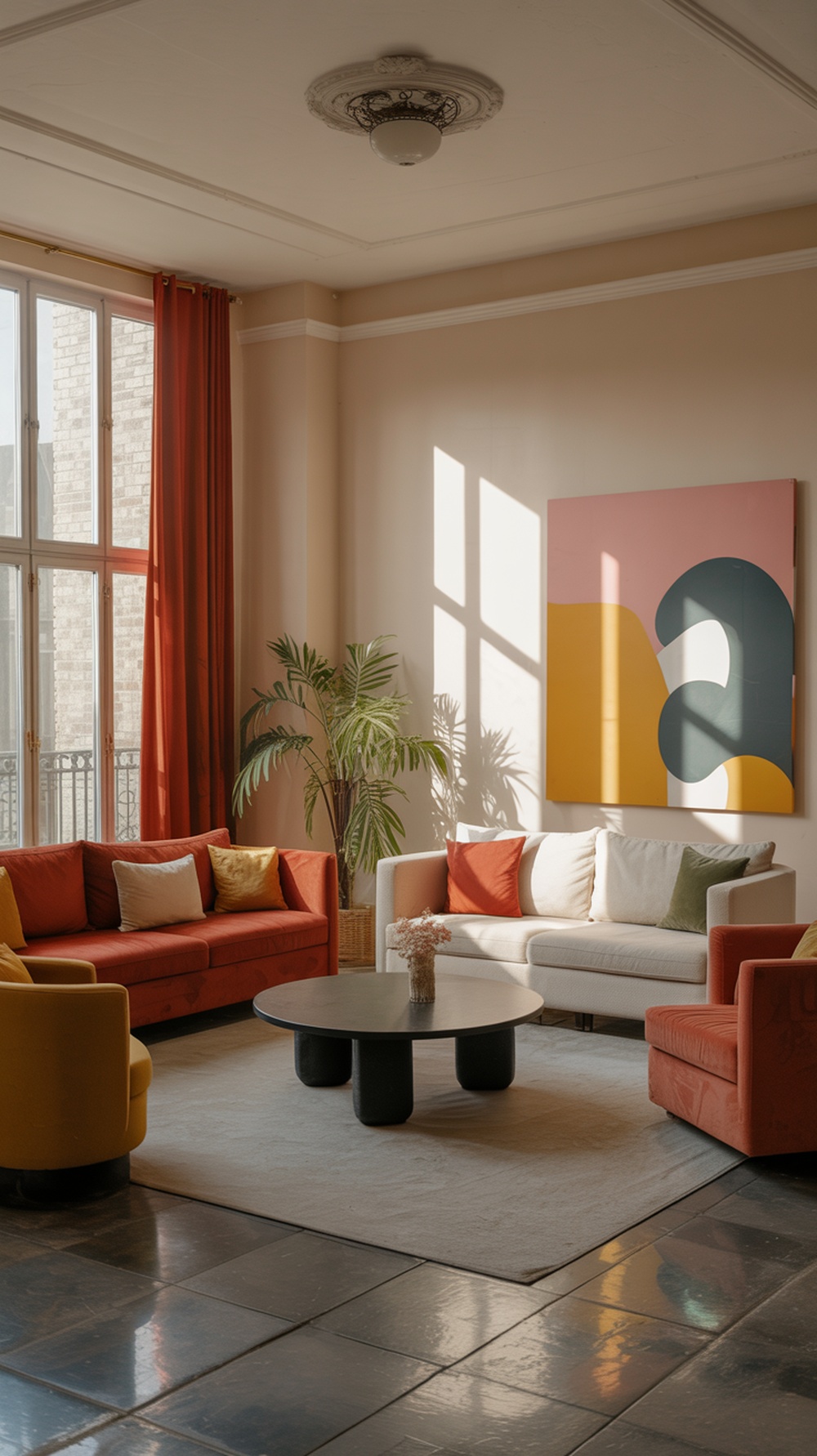 A colorful living room featuring bright furniture and a modern art piece.